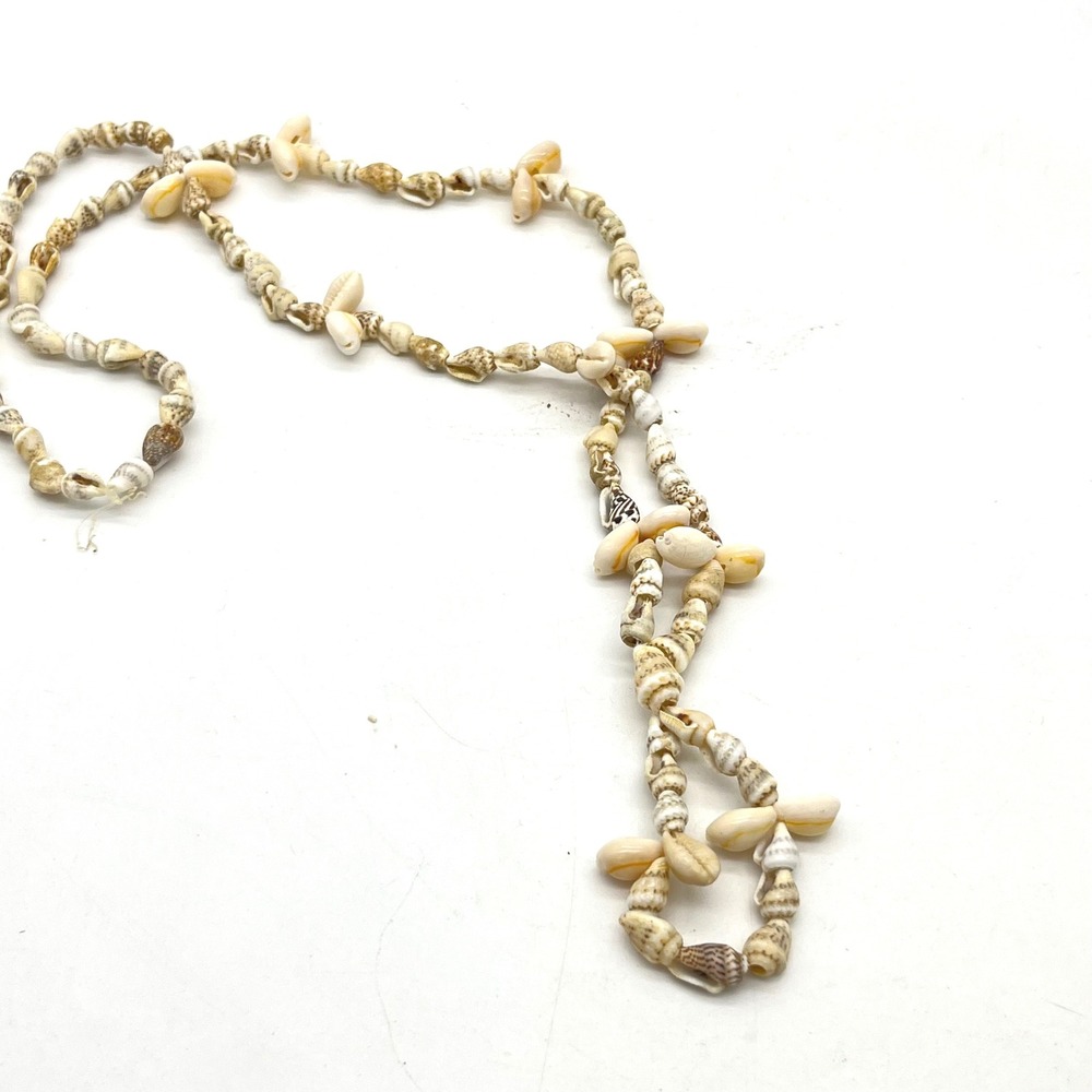 Vintage Natural Puka and Cone Shell Long Strand Necklace Cream Tan Brown 32 Inch